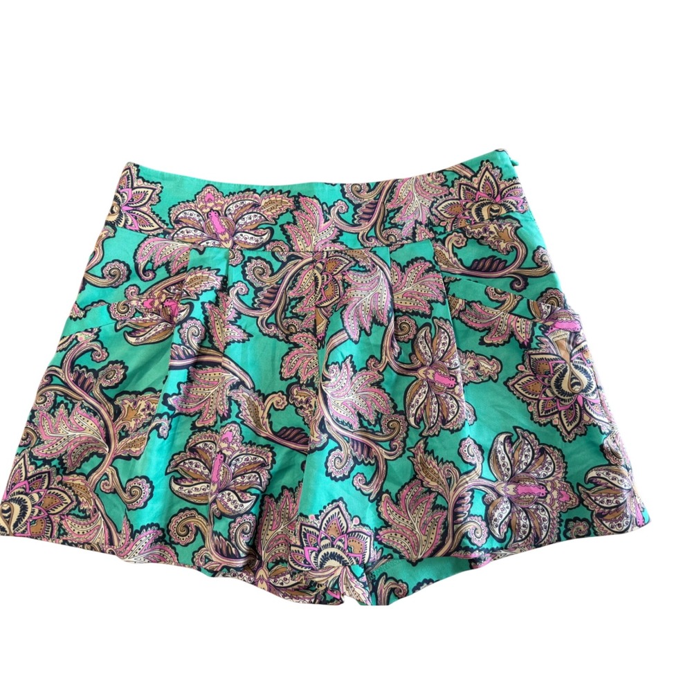 Ann Taylor LOFT Teal Pink Paisley Pleated Shorts‎ Side Zip Womens Size 6 Boho